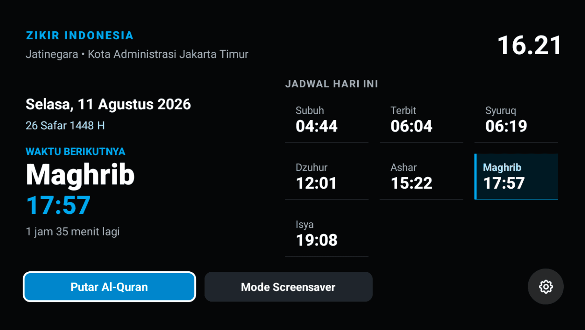 Tampilan jadwal shalat aplikasi Zikir Indonesia di televisi